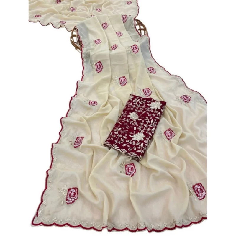 Women's Star Georgette Embroidered Saree With Unstitched Blouse 5.5Mtr (Cream) - Image 2