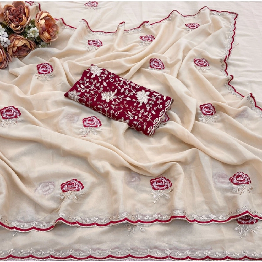 Women's Star Georgette Embroidered Saree With Unstitched Blouse 5.5Mtr (Cream) - Image 3