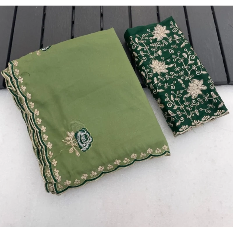 Women's Star Georgette Embroidered Saree With Unstitched Blouse 5.5Mtr (Green)