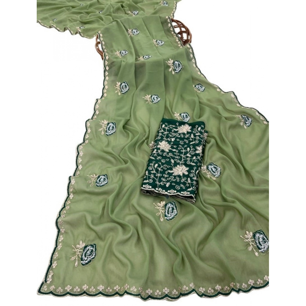 Women's Star Georgette Embroidered Saree With Unstitched Blouse 5.5Mtr (Green) - Image 2