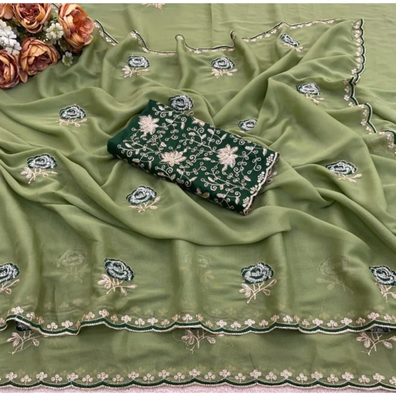 Women's Star Georgette Embroidered Saree With Unstitched Blouse 5.5Mtr (Green) - Image 3