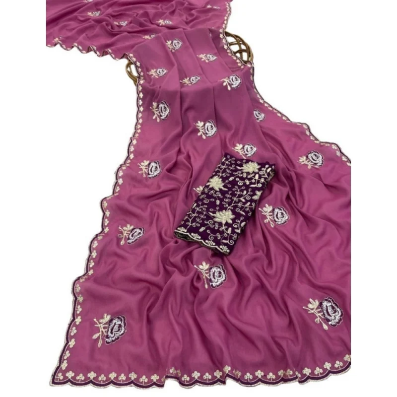 Women's Star Georgette Embroidered Saree With Unstitched Blouse 5.5Mtr (Pink) - Image 2