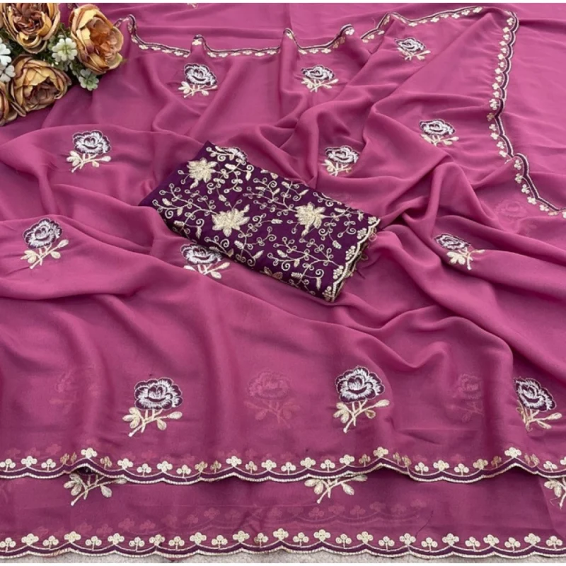Women's Star Georgette Embroidered Saree With Unstitched Blouse 5.5Mtr (Pink) - Image 3