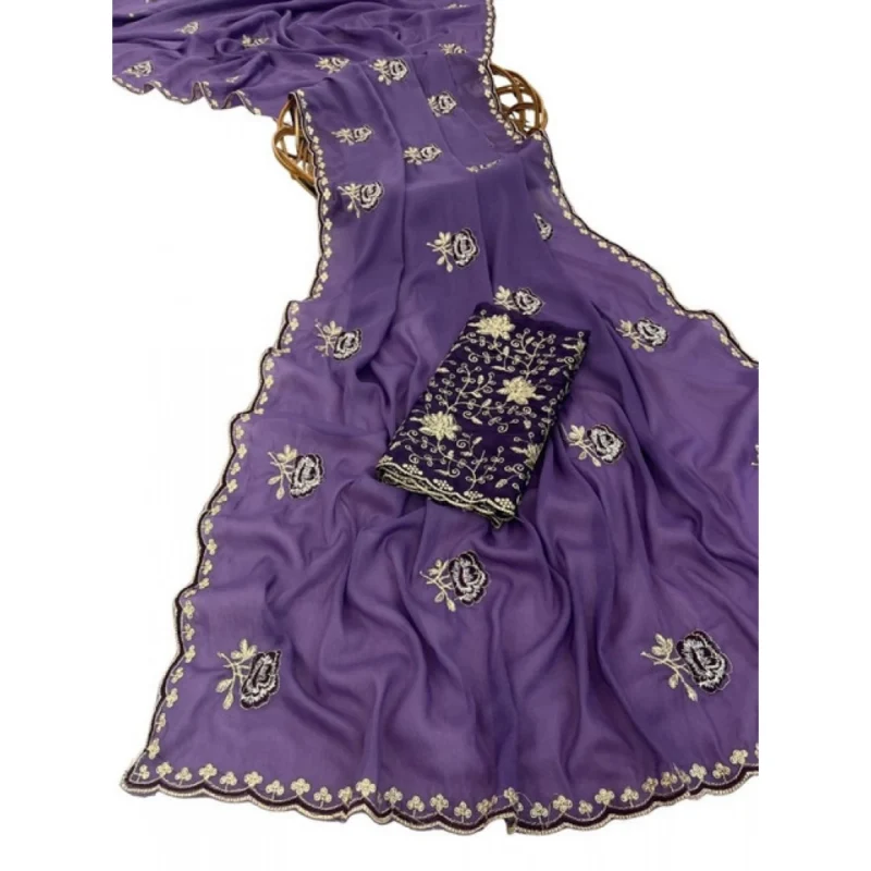 Women's Star Georgette Embroidered Saree With Unstitched Blouse 5.5Mtr (Purple) - Image 2