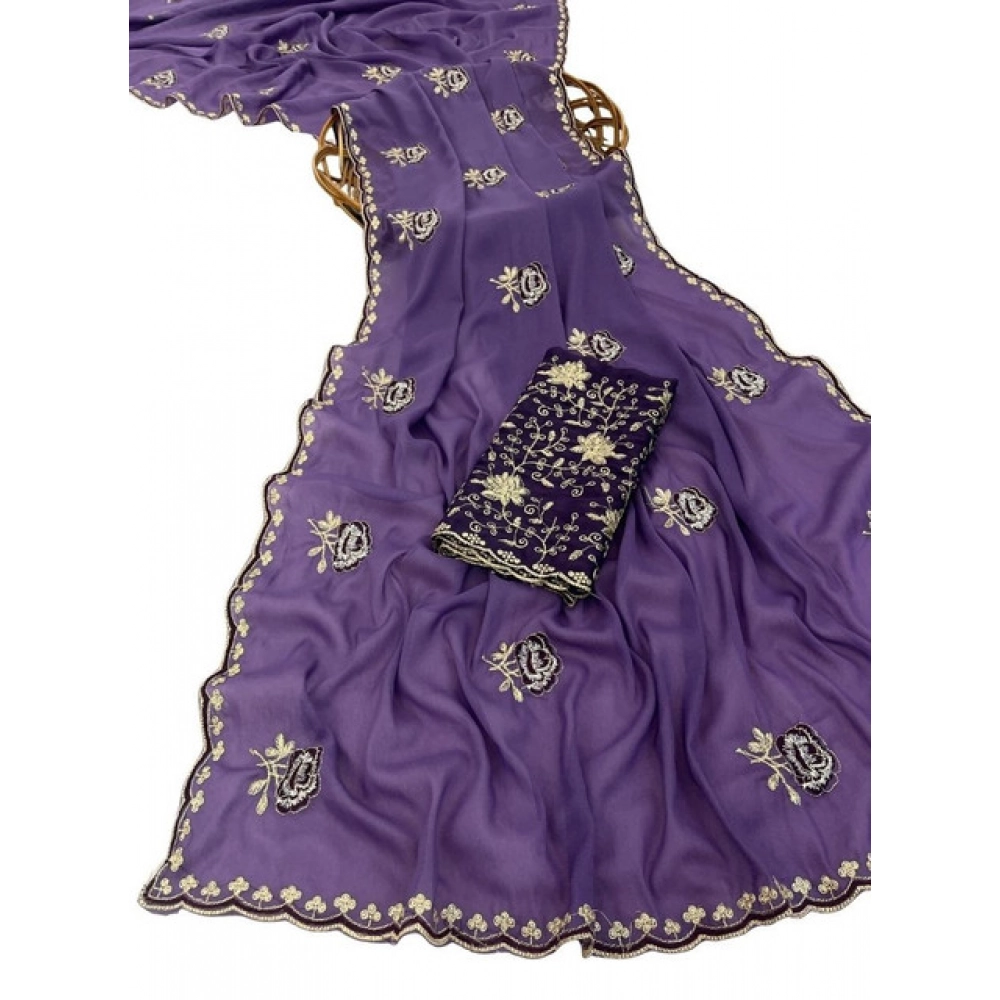 Women's Star Georgette Embroidered Saree With Unstitched Blouse 5.5Mtr (Purple) - Image 2