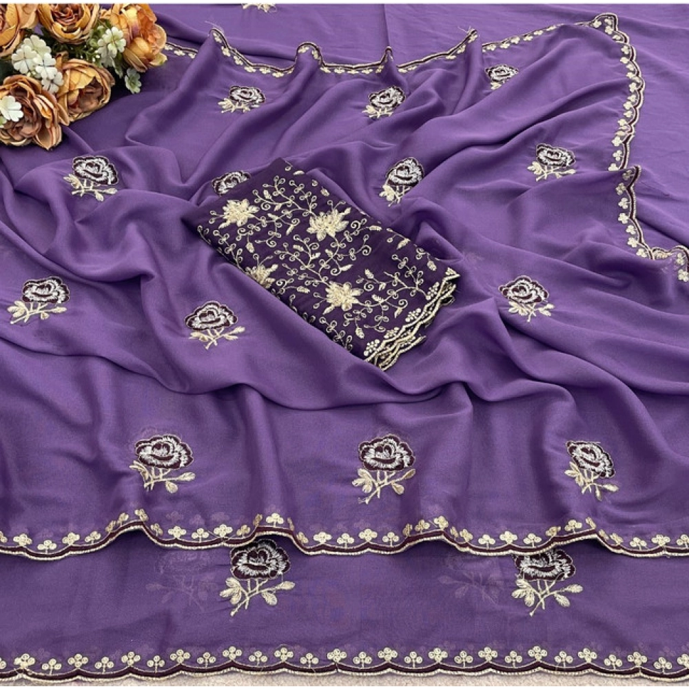 Women's Star Georgette Embroidered Saree With Unstitched Blouse 5.5Mtr (Purple) - Image 3
