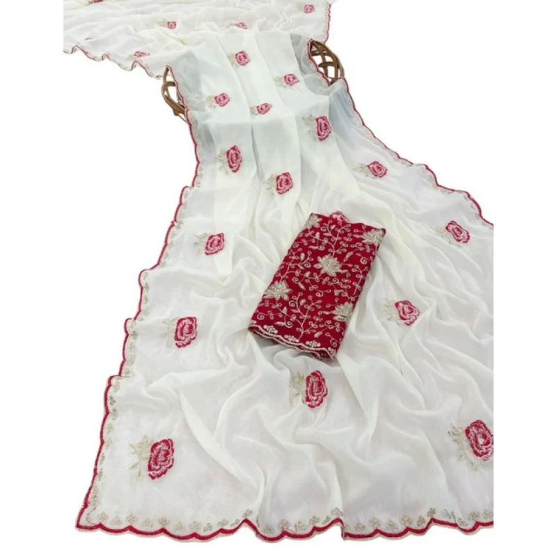Women's Star Georgette Embroidered Saree With Unstitched Blouse 5.5Mtr (White) - Image 2