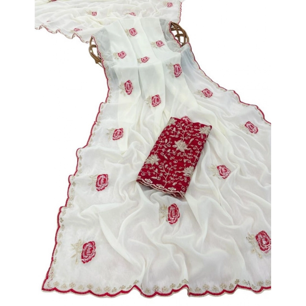Women's Star Georgette Embroidered Saree With Unstitched Blouse 5.5Mtr (White) - Image 2