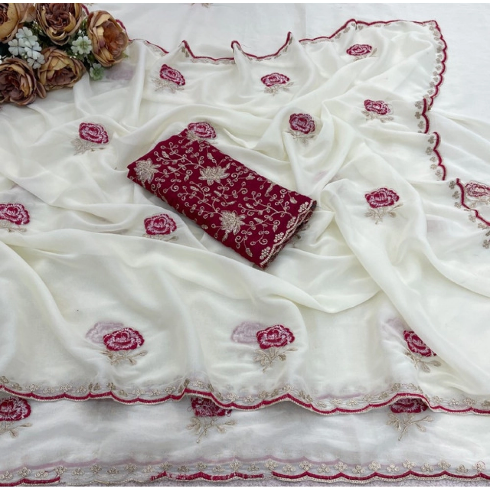 Women's Star Georgette Embroidered Saree With Unstitched Blouse 5.5Mtr (White) - Image 3