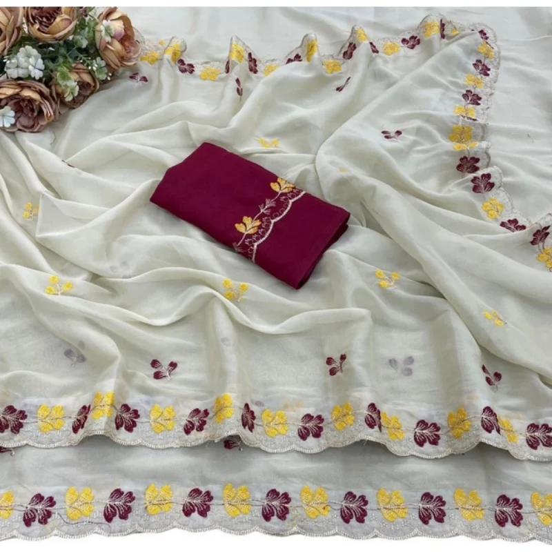 Women's Star Georgette Embroidered Saree With Unstitched Blouse 5.5Mtr (Beige-Red) - Image 2