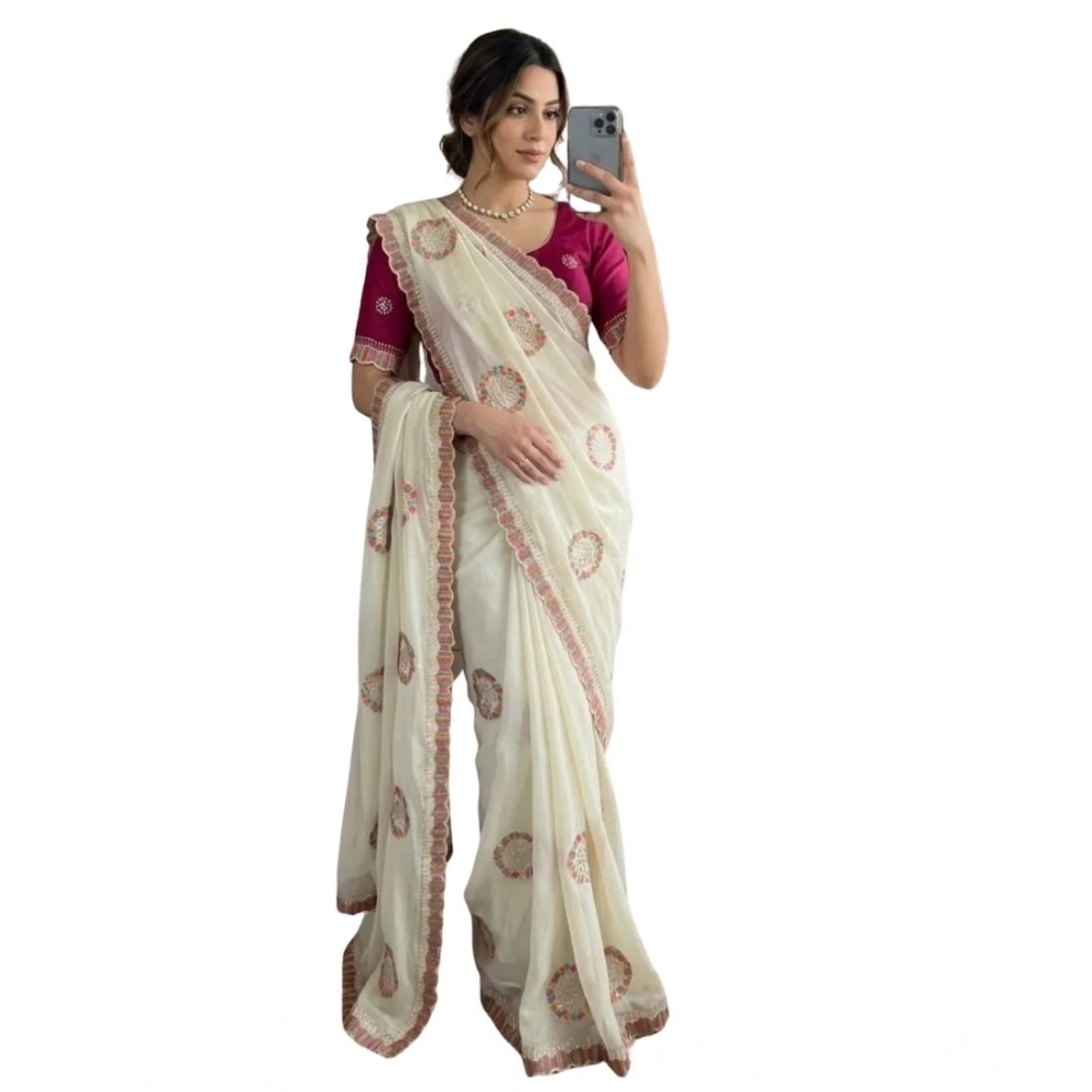 Women's Star Georgette Embroidered Saree With Unstitched Blouse 5.5Mtr (Cream) - Image 2