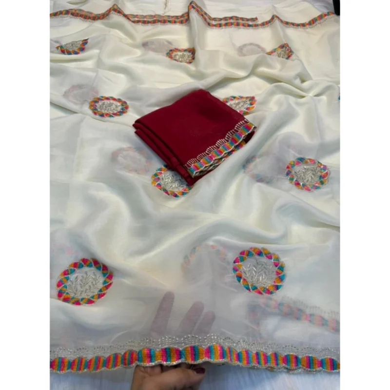 Women's Star Georgette Embroidered Saree With Unstitched Blouse 5.5Mtr (Cream) - Image 3