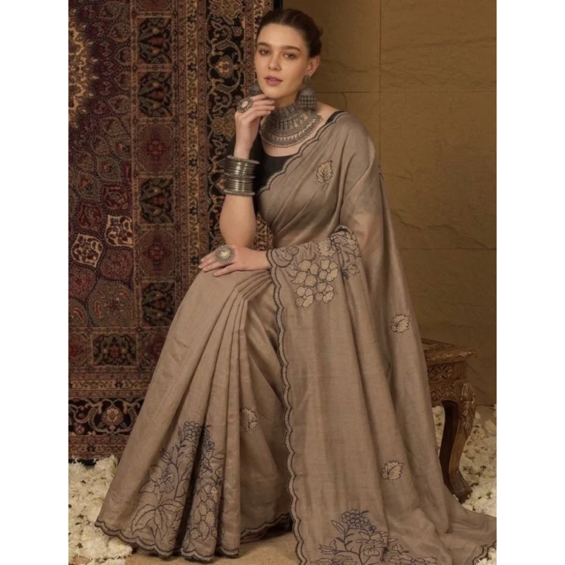 Women's Viscose Silk Embroidered Saree With Unstitched Blouse 5.5Mtr (Brown)