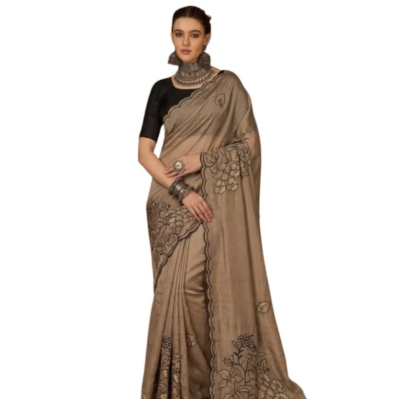 Women's Viscose Silk Embroidered Saree With Unstitched Blouse 5.5Mtr (Brown) - Image 2