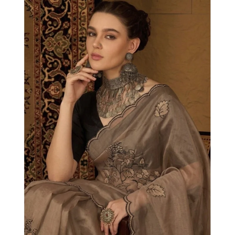 Women's Viscose Silk Embroidered Saree With Unstitched Blouse 5.5Mtr (Brown) - Image 3