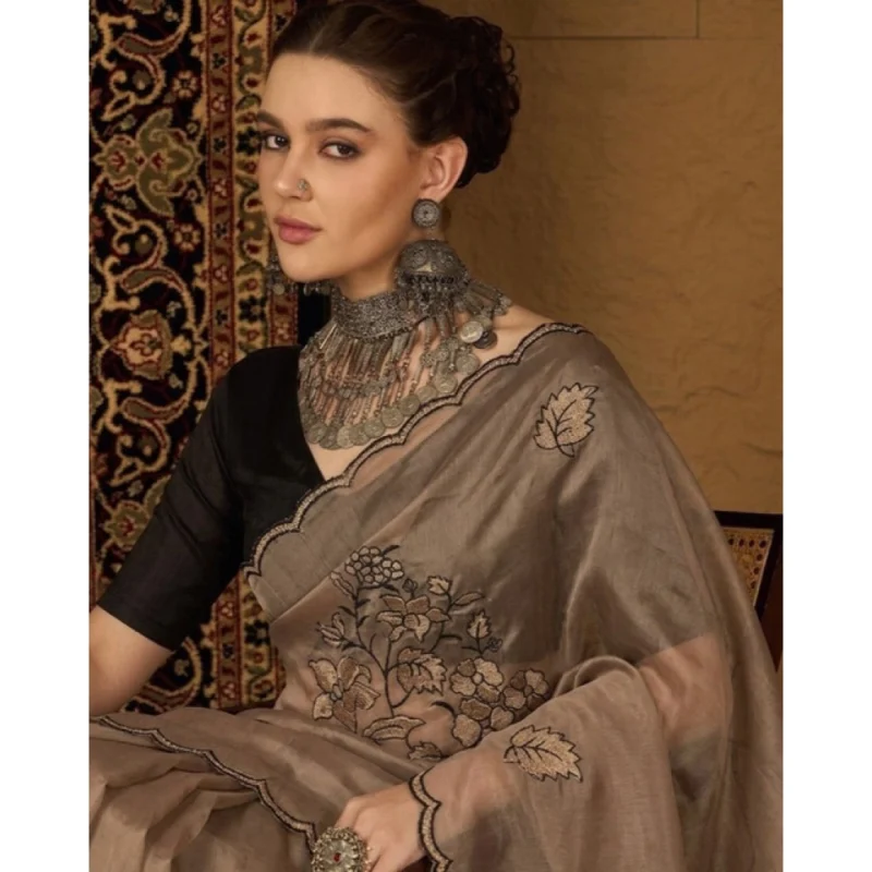 Women's Viscose Silk Embroidered Saree With Unstitched Blouse 5.5Mtr (Brown) - Image 4