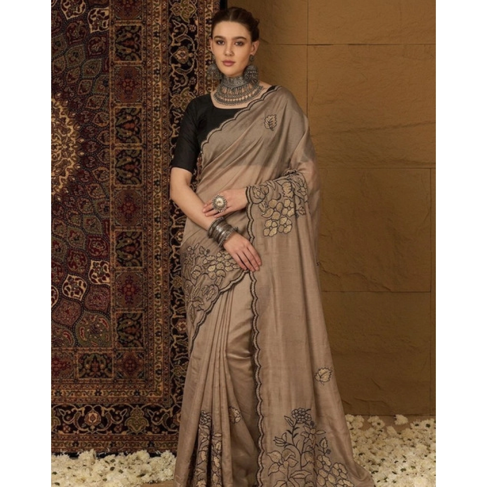 Women's Viscose Silk Embroidered Saree With Unstitched Blouse 5.5Mtr (Brown) - Image 5