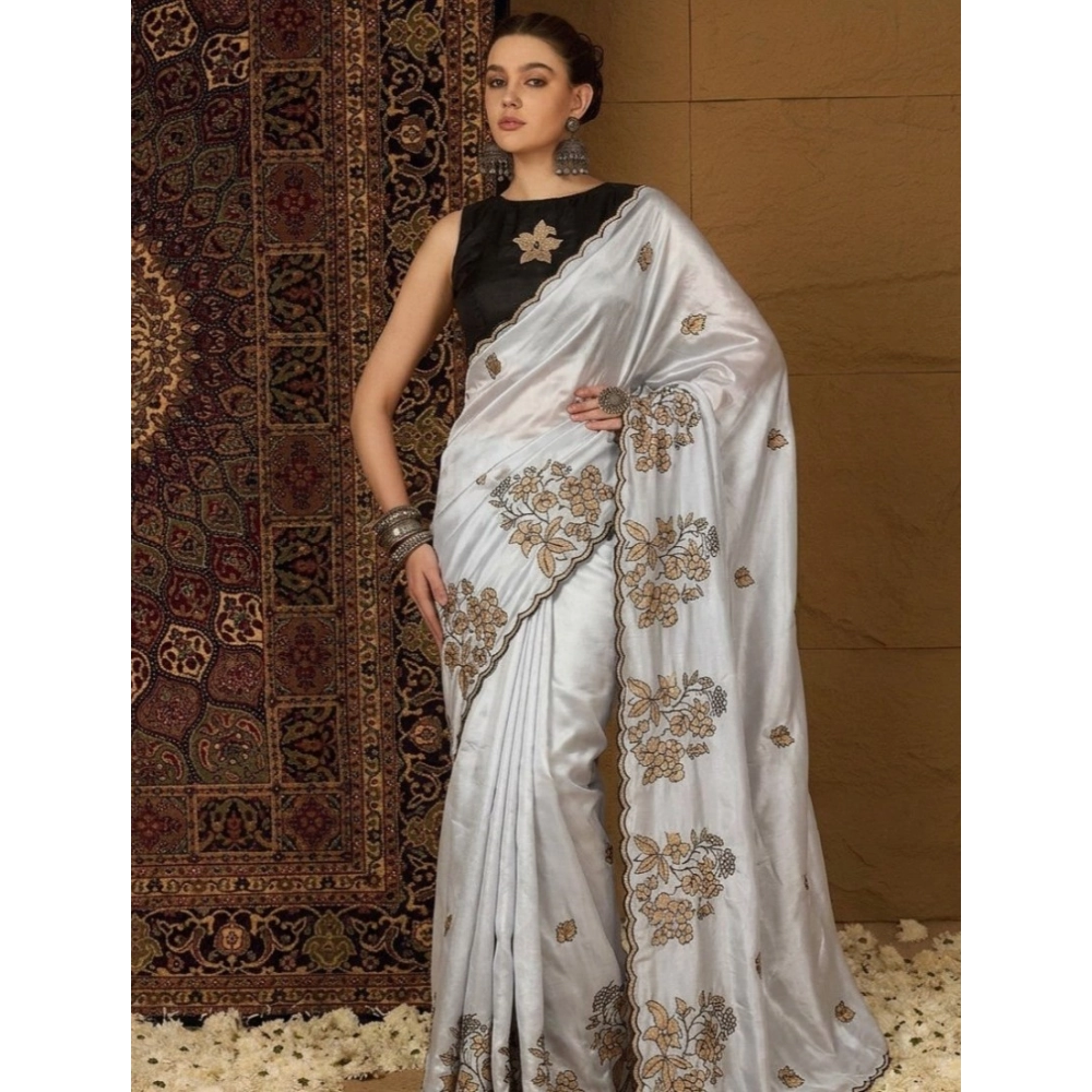 Women's Viscose Silk Embroidered Saree With Unstitched Blouse 5.5Mtr (Grey)