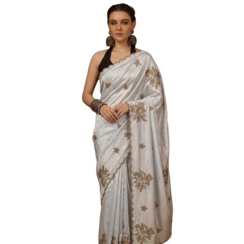 Women's Viscose Silk Embroidered Saree With Unstitched Blouse 5.5Mtr (Grey) - Image 2