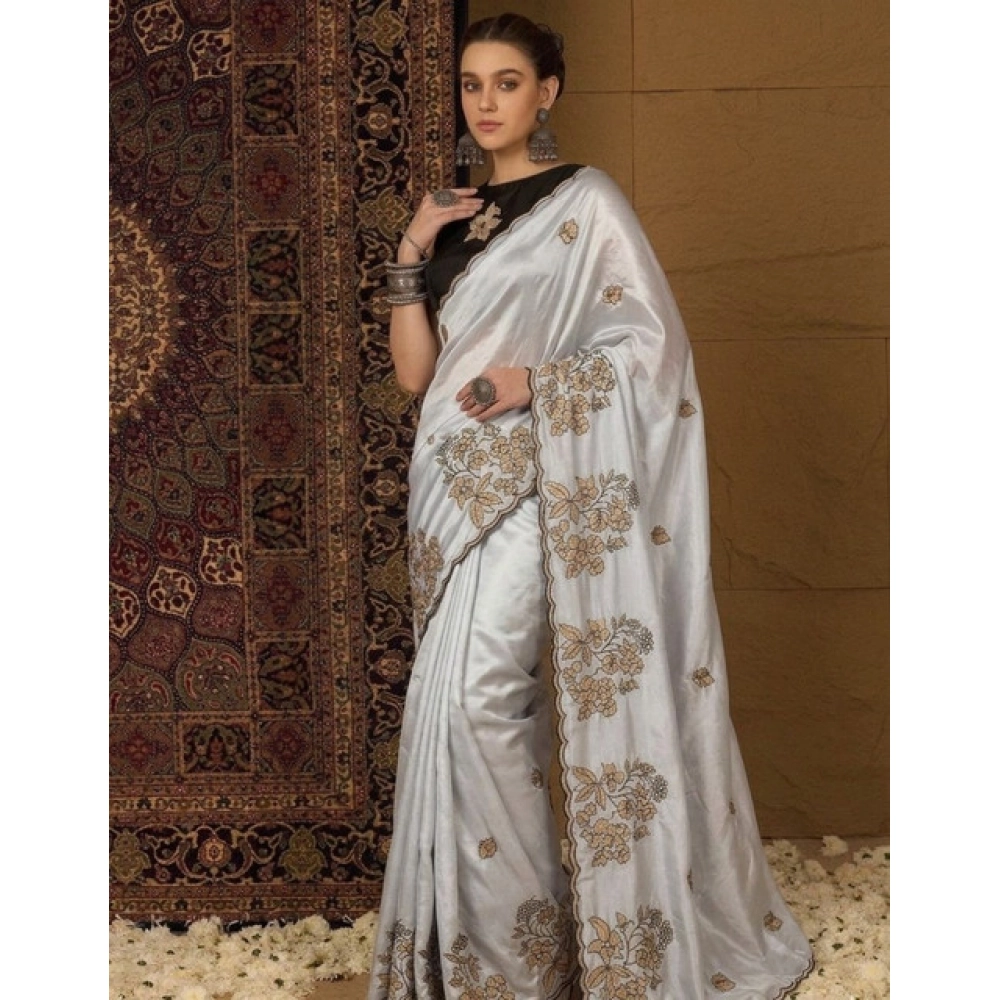 Women's Viscose Silk Embroidered Saree With Unstitched Blouse 5.5Mtr (Grey) - Image 3