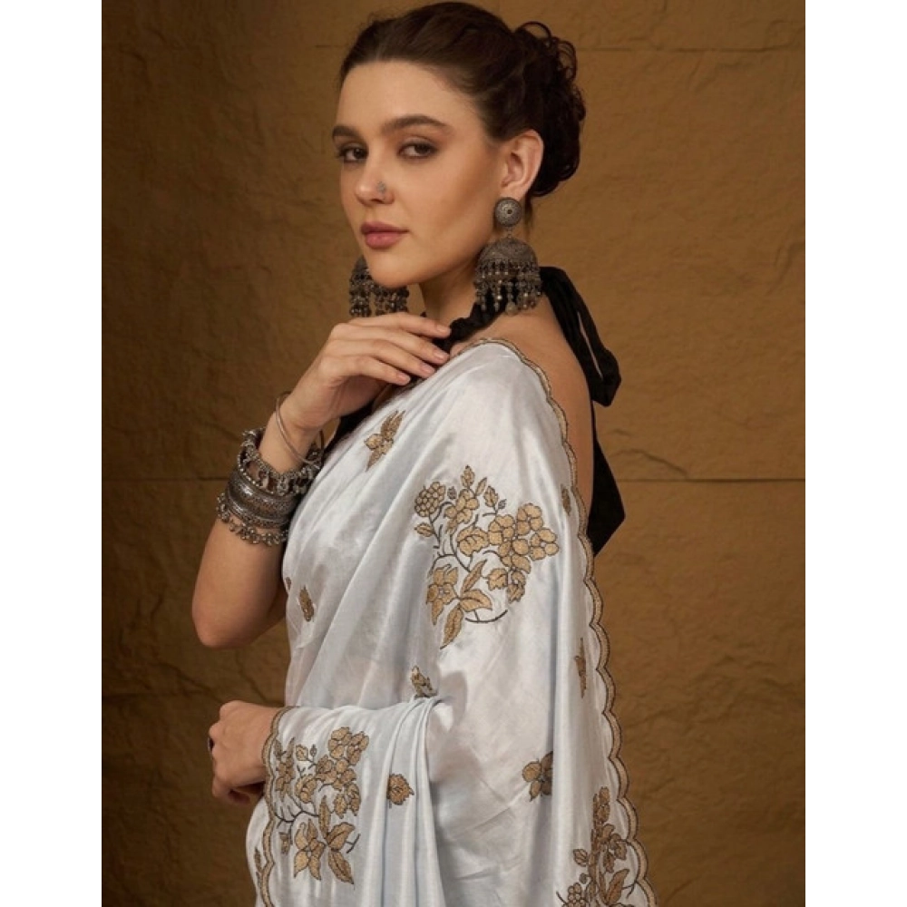 Women's Viscose Silk Embroidered Saree With Unstitched Blouse 5.5Mtr (Grey) - Image 5