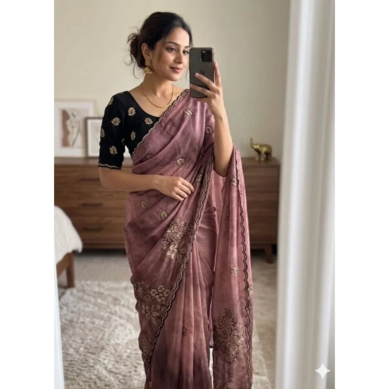 Women's Viscose Silk Embroidered Saree With Unstitched Blouse 5.5Mtr (Pink)