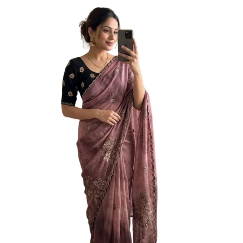 Women's Viscose Silk Embroidered Saree With Unstitched Blouse 5.5Mtr (Pink) - Image 2