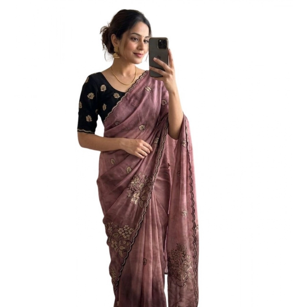 Women's Viscose Silk Embroidered Saree With Unstitched Blouse 5.5Mtr (Pink) - Image 2