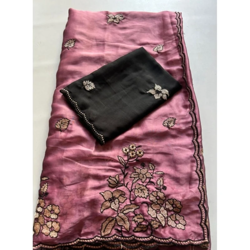 Women's Viscose Silk Embroidered Saree With Unstitched Blouse 5.5Mtr (Pink) - Image 3