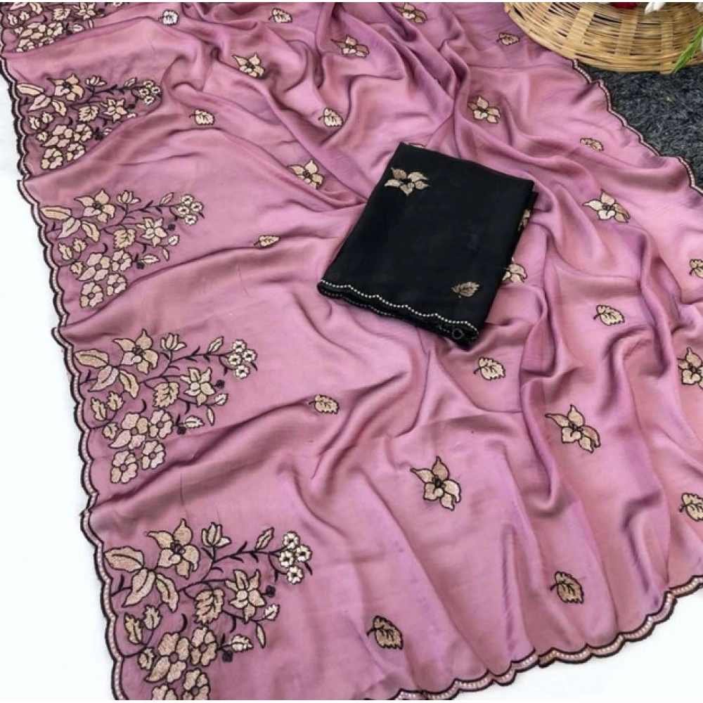 Women's Viscose Silk Embroidered Saree With Unstitched Blouse 5.5Mtr (Pink) - Image 4