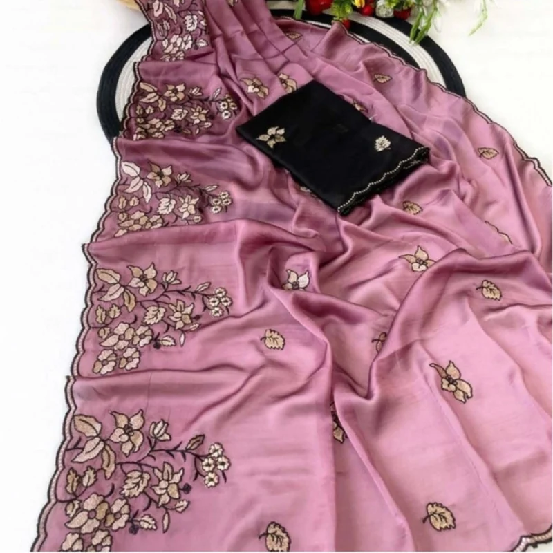 Women's Viscose Silk Embroidered Saree With Unstitched Blouse 5.5Mtr (Pink) - Image 5