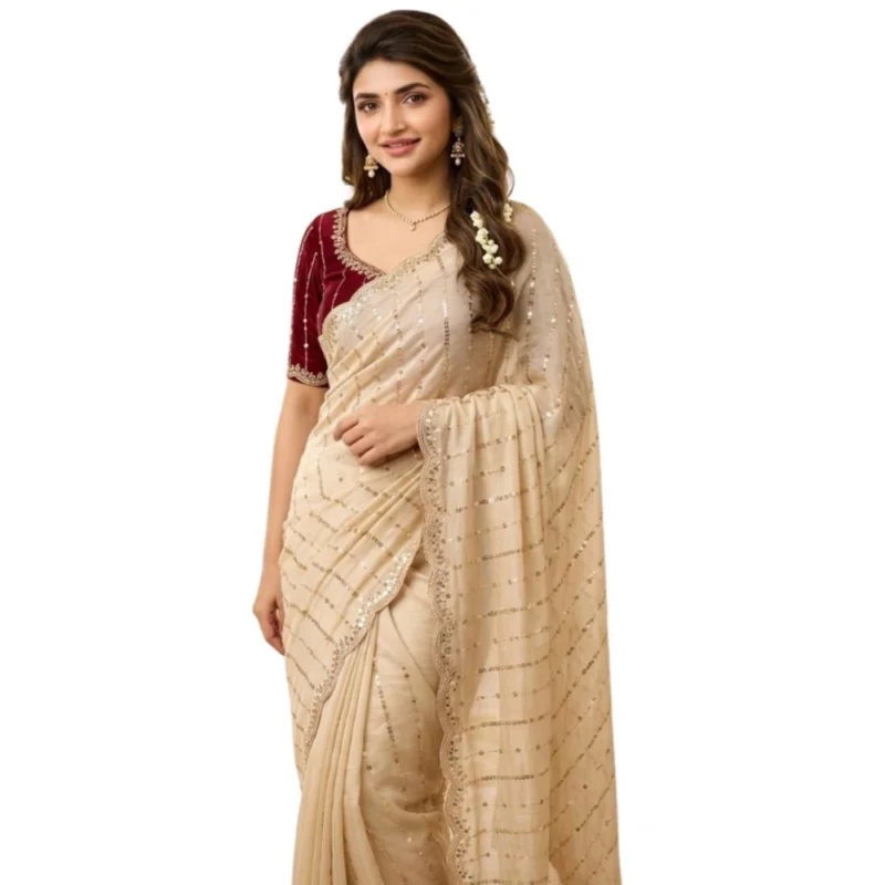 Women's Star Georgette Embroidered Saree With Unstitched Blouse 5.5Mtr (Beige) - Image 2