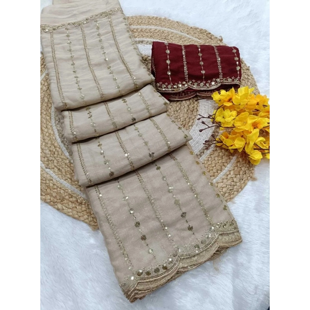 Women's Star Georgette Embroidered Saree With Unstitched Blouse 5.5Mtr (Beige) - Image 3
