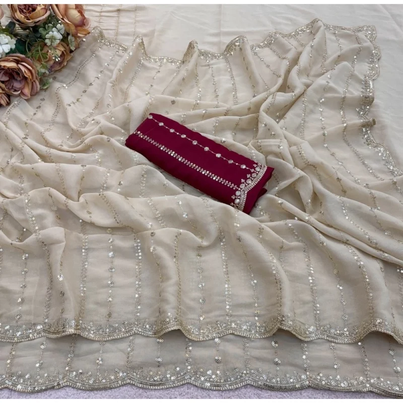 Women's Star Georgette Embroidered Saree With Unstitched Blouse 5.5Mtr (Beige) - Image 5