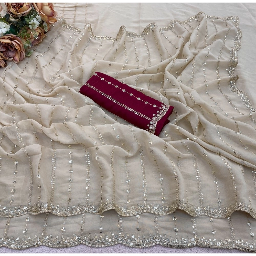 Women's Star Georgette Embroidered Saree With Unstitched Blouse 5.5Mtr (Beige) - Image 5
