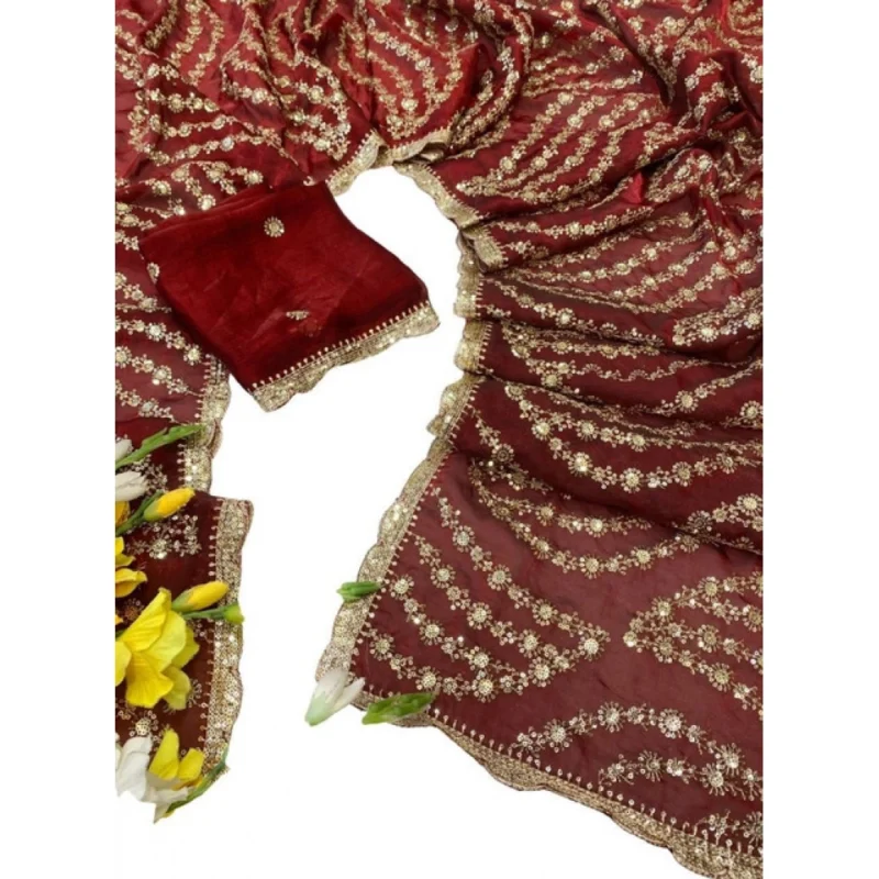 Women's Satin Embellished Saree With Unstitched Blouse 5.5Mtr (Maroon) - Image 2