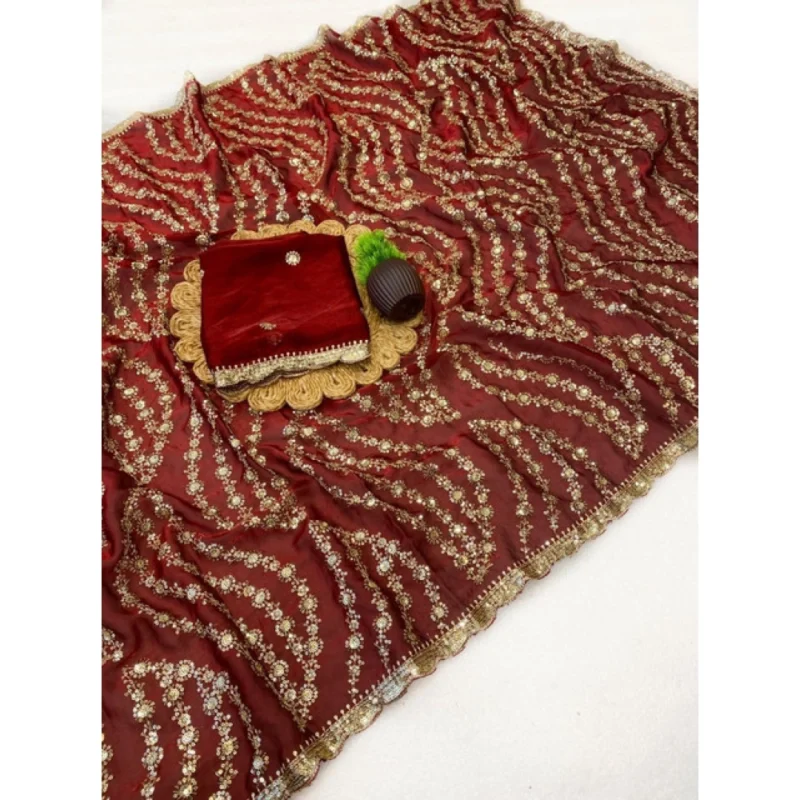 Women's Satin Embellished Saree With Unstitched Blouse 5.5Mtr (Maroon) - Image 3