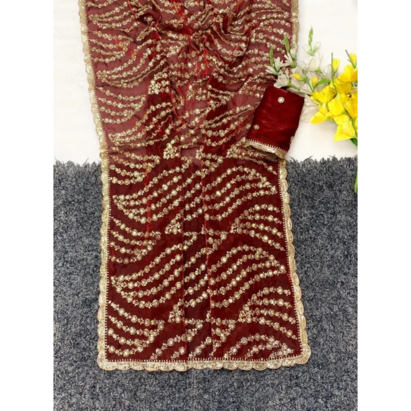 Women's Satin Embellished Saree With Unstitched Blouse 5.5Mtr (Maroon) - Image 4