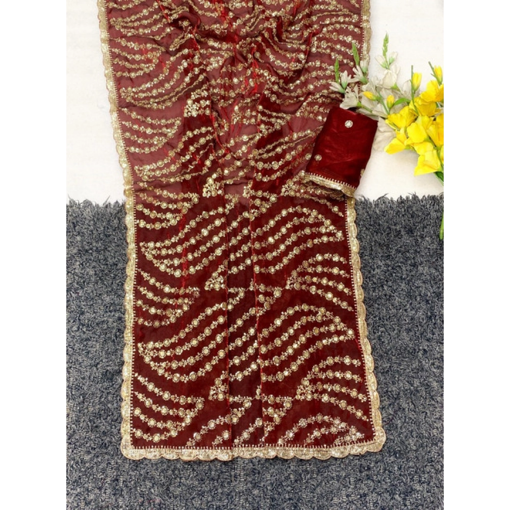 Women's Satin Embellished Saree With Unstitched Blouse 5.5Mtr (Maroon) - Image 4