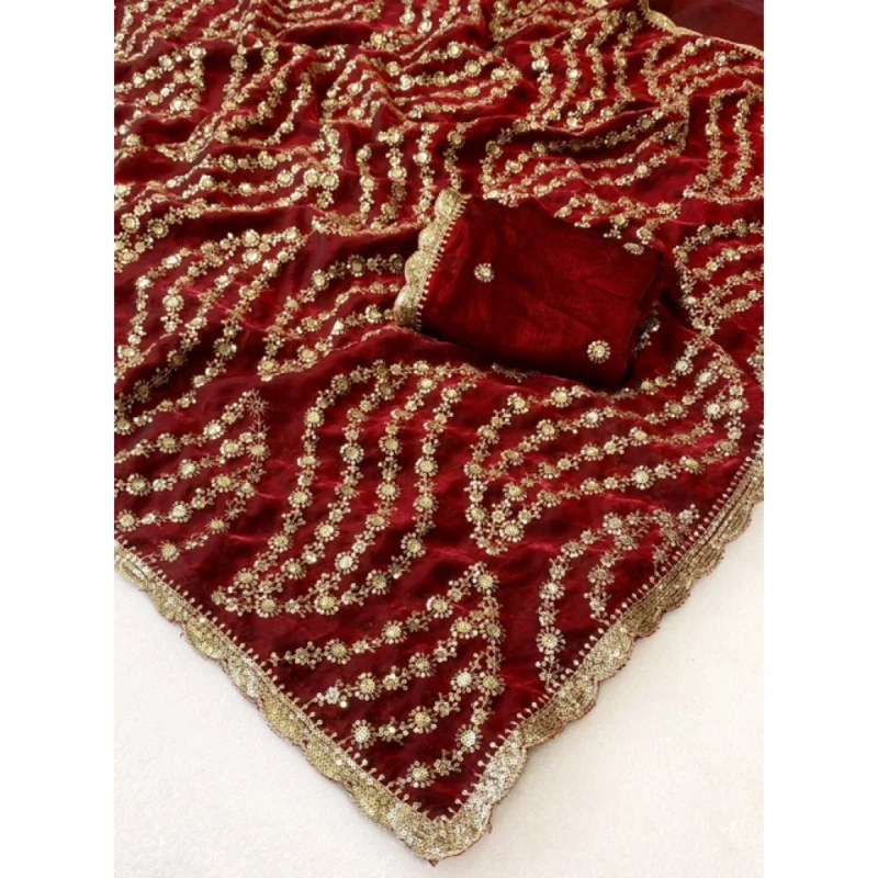 Women's Satin Embellished Saree With Unstitched Blouse 5.5Mtr (Maroon) - Image 5