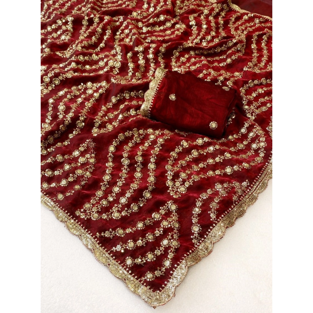 Women's Satin Embellished Saree With Unstitched Blouse 5.5Mtr (Maroon) - Image 5