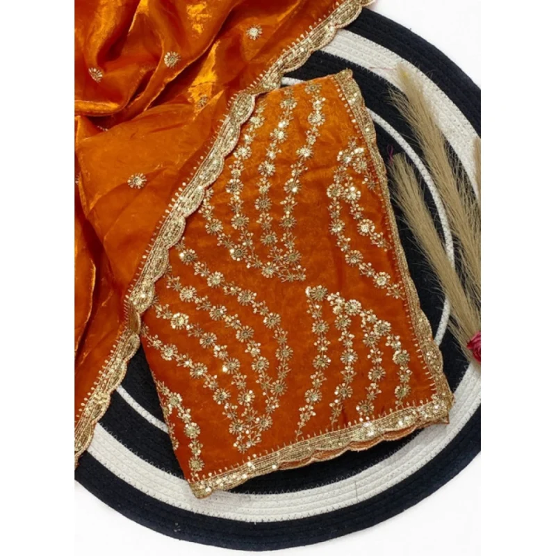 Women's Satin Embellished Saree With Unstitched Blouse 5.5Mtr (Orange)