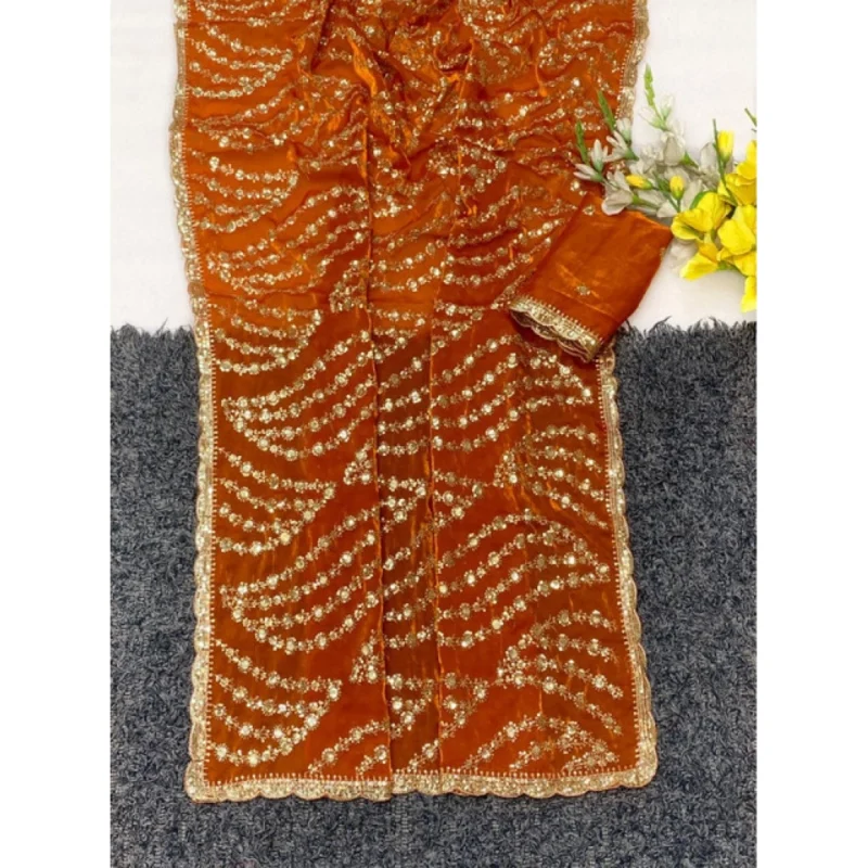 Women's Satin Embellished Saree With Unstitched Blouse 5.5Mtr (Orange) - Image 3