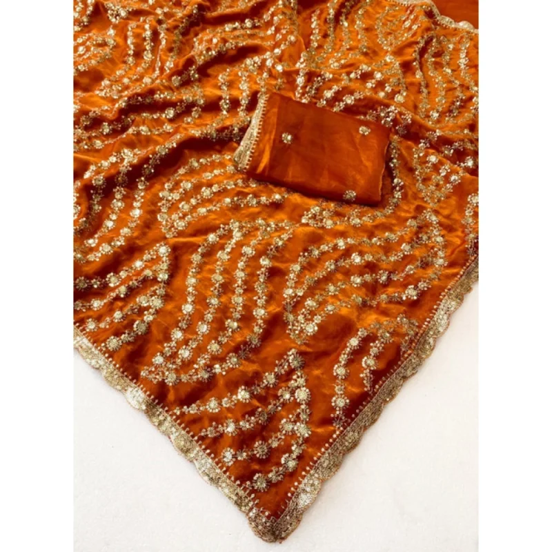 Women's Satin Embellished Saree With Unstitched Blouse 5.5Mtr (Orange) - Image 4