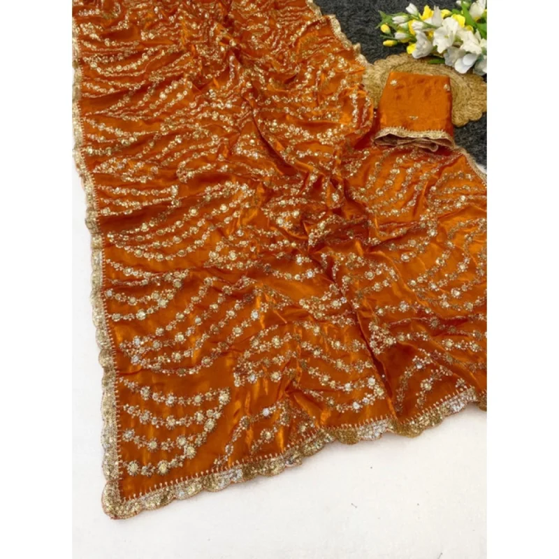 Women's Satin Embellished Saree With Unstitched Blouse 5.5Mtr (Orange) - Image 5