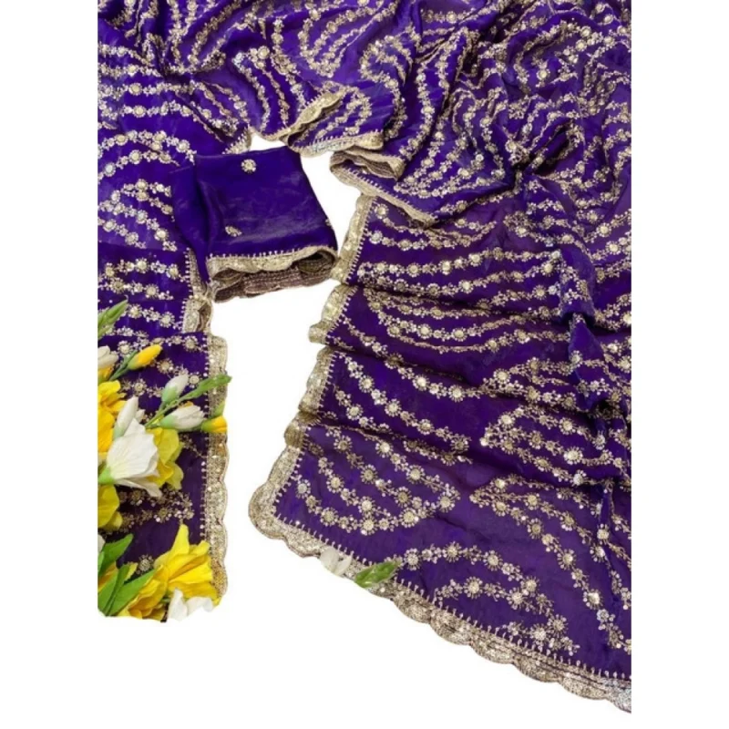 Women's Satin Embellished Saree With Unstitched Blouse 5.5Mtr (Purple) - Image 2