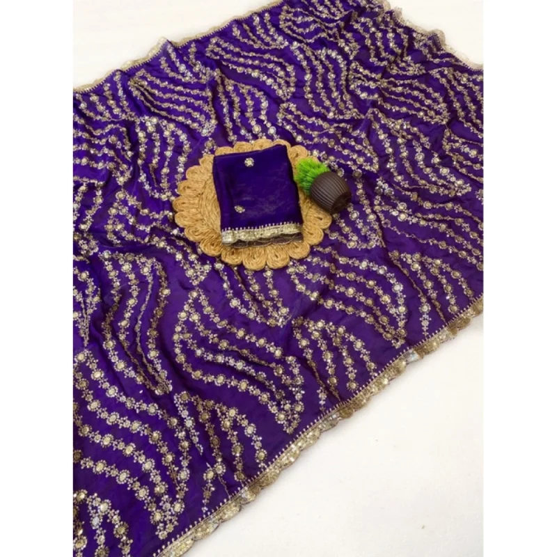 Women's Satin Embellished Saree With Unstitched Blouse 5.5Mtr (Purple) - Image 3