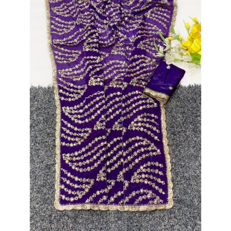 Women's Satin Embellished Saree With Unstitched Blouse 5.5Mtr (Purple) - Image 4