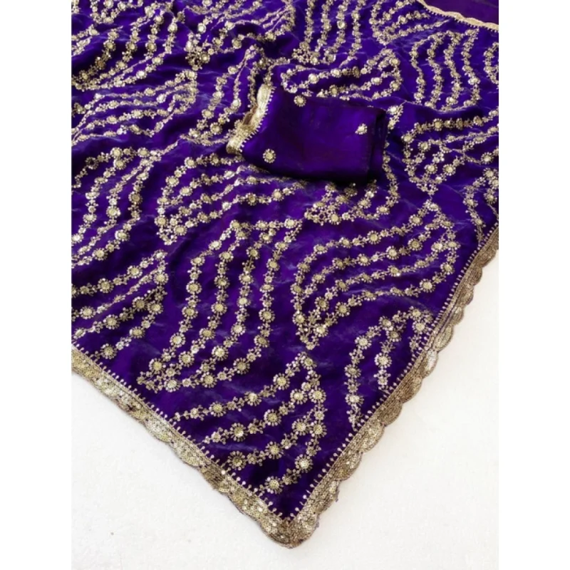 Women's Satin Embellished Saree With Unstitched Blouse 5.5Mtr (Purple) - Image 5
