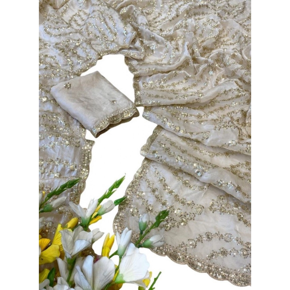 Women's Satin Embellished Saree With Unstitched Blouse 5.5Mtr (Cream) - Image 2